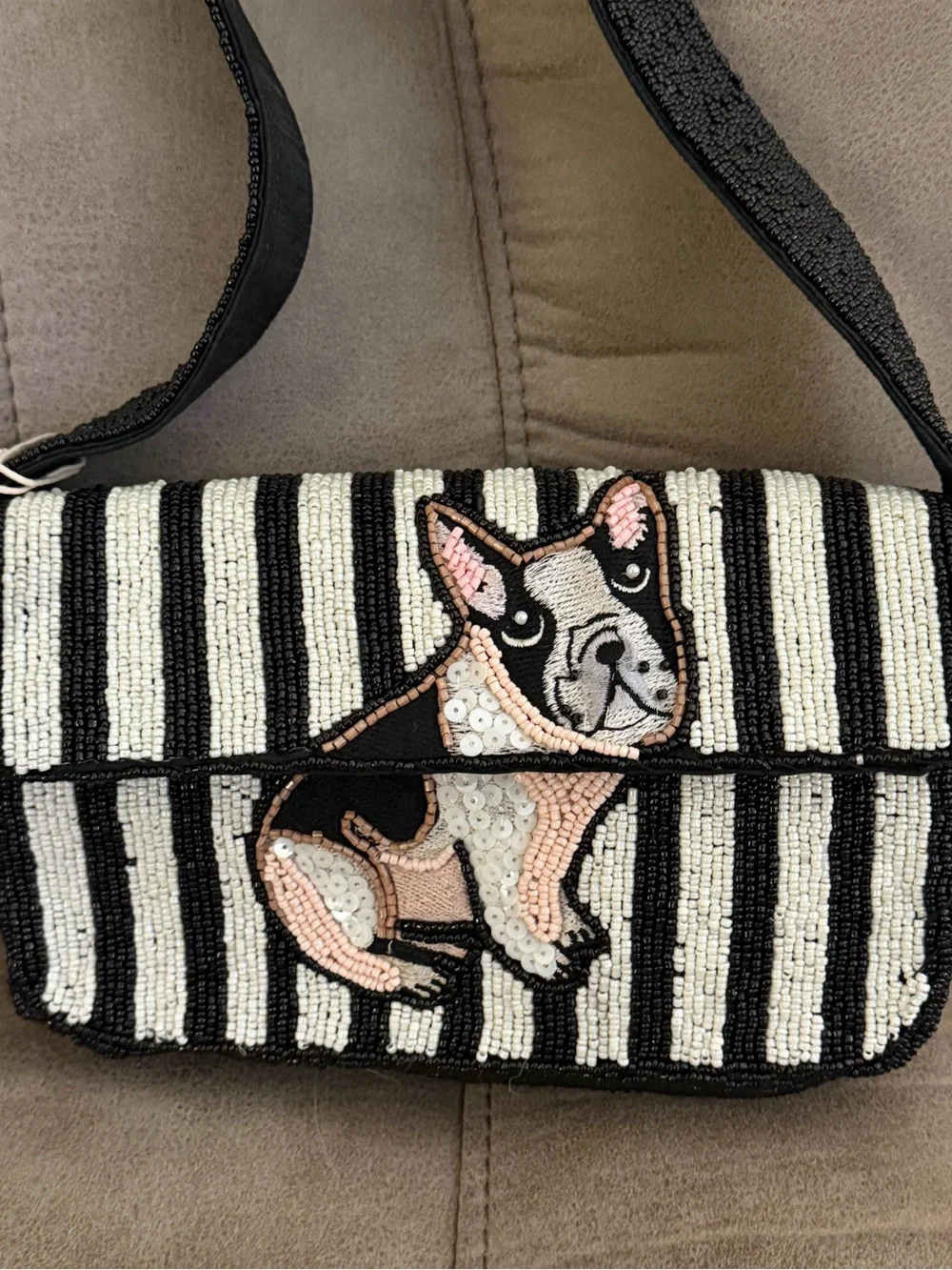 Beaded Black & White Stripe Shoulder Bag with French Bulldog Motif